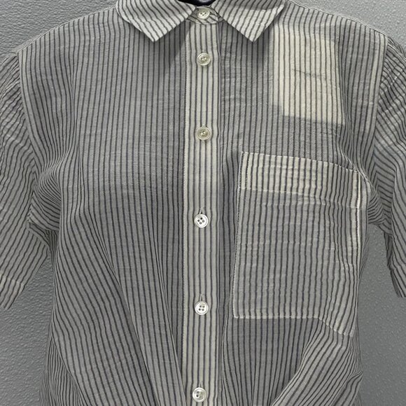Theory Hekanina Striped Button-Up Shirt • Size P • Ivory/Navy Blue • Linen Blend - Picture 10 of 11